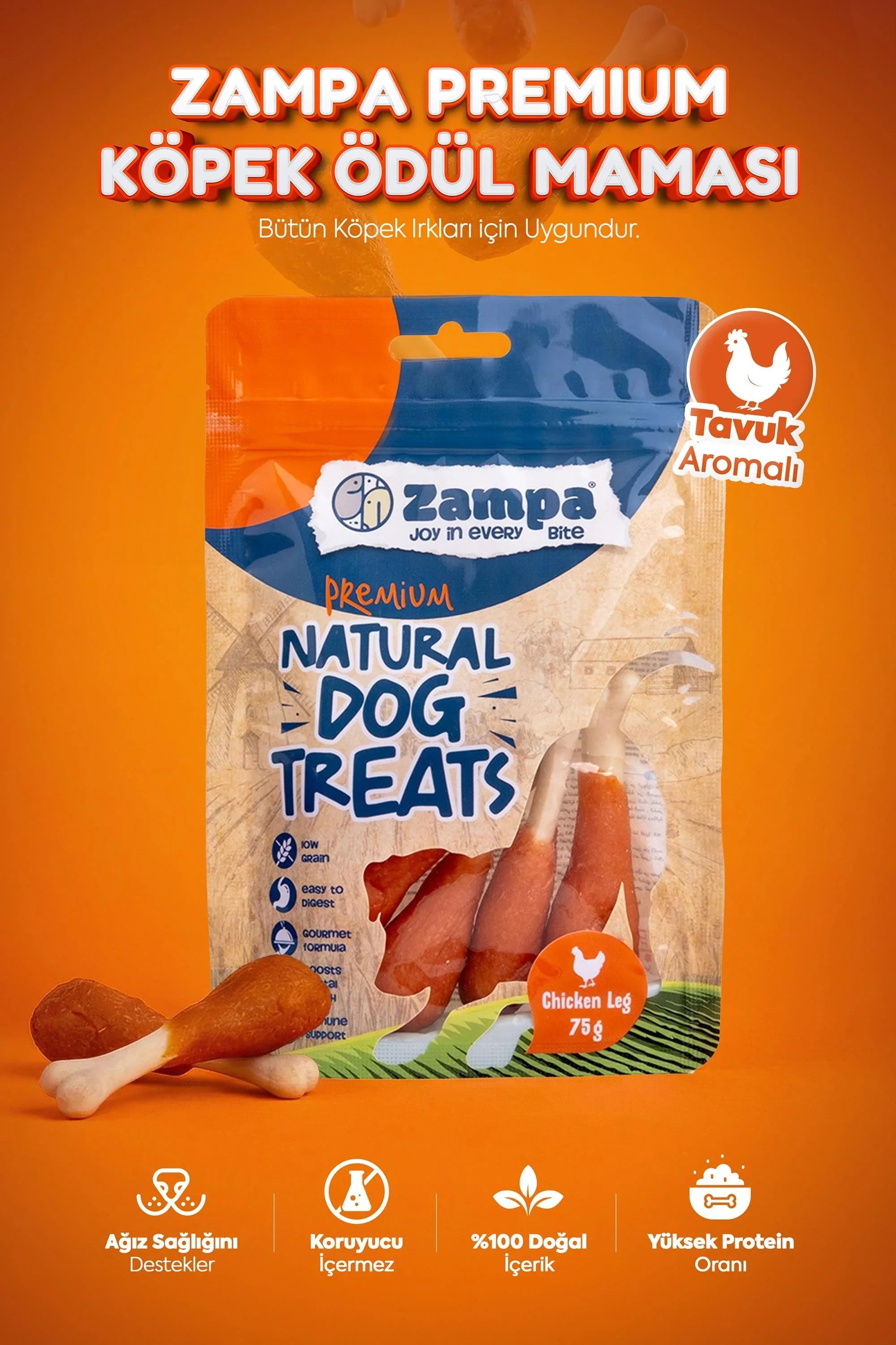 Tavuk aromalı, doğal, yüksek proteinli köpek ödül maması paketi ve yanında ödül mamaları.