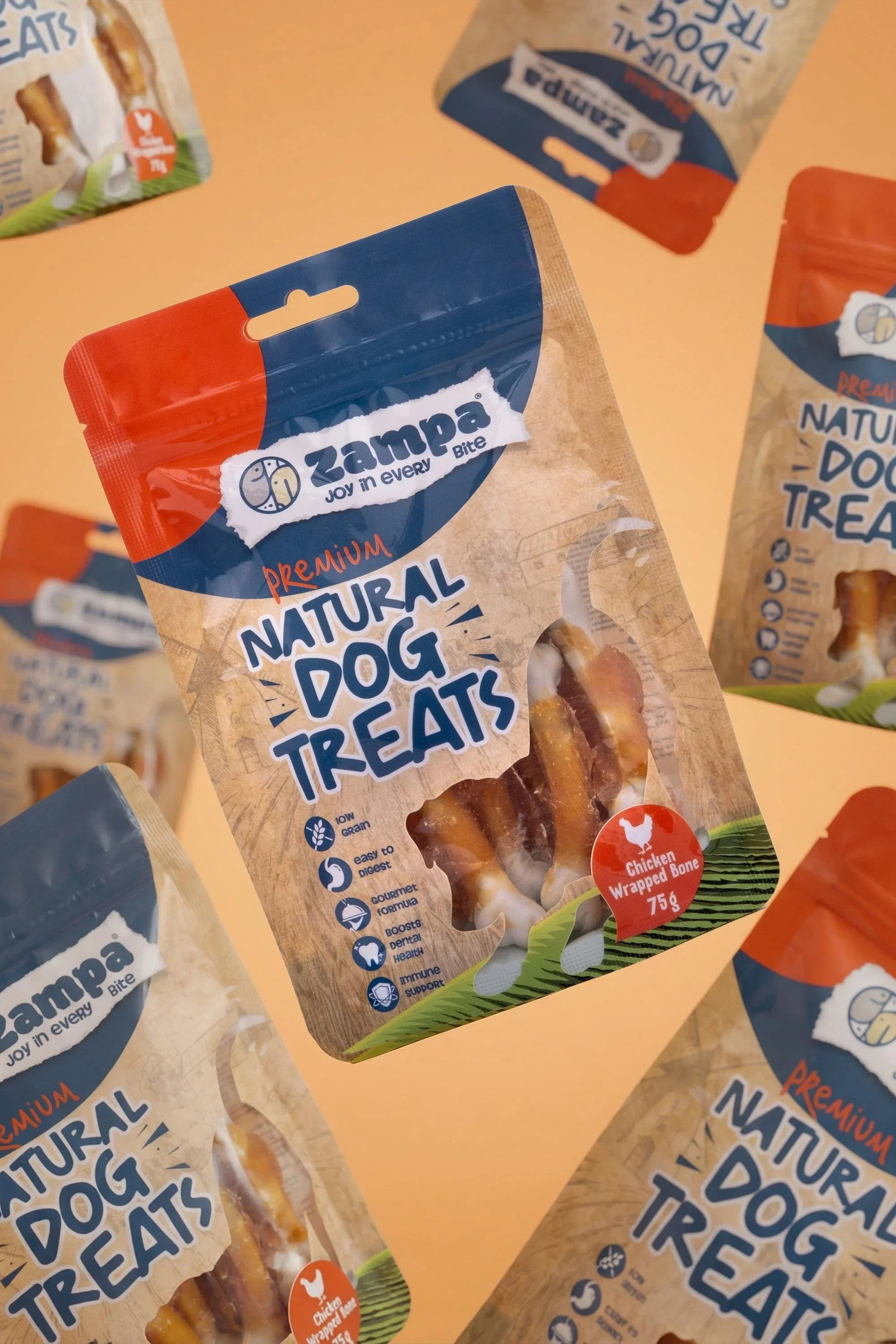Tavuklu sargılı köpek ödül maması, Zampa marka, 75g paket ambalajı, doğal köpek ödülü