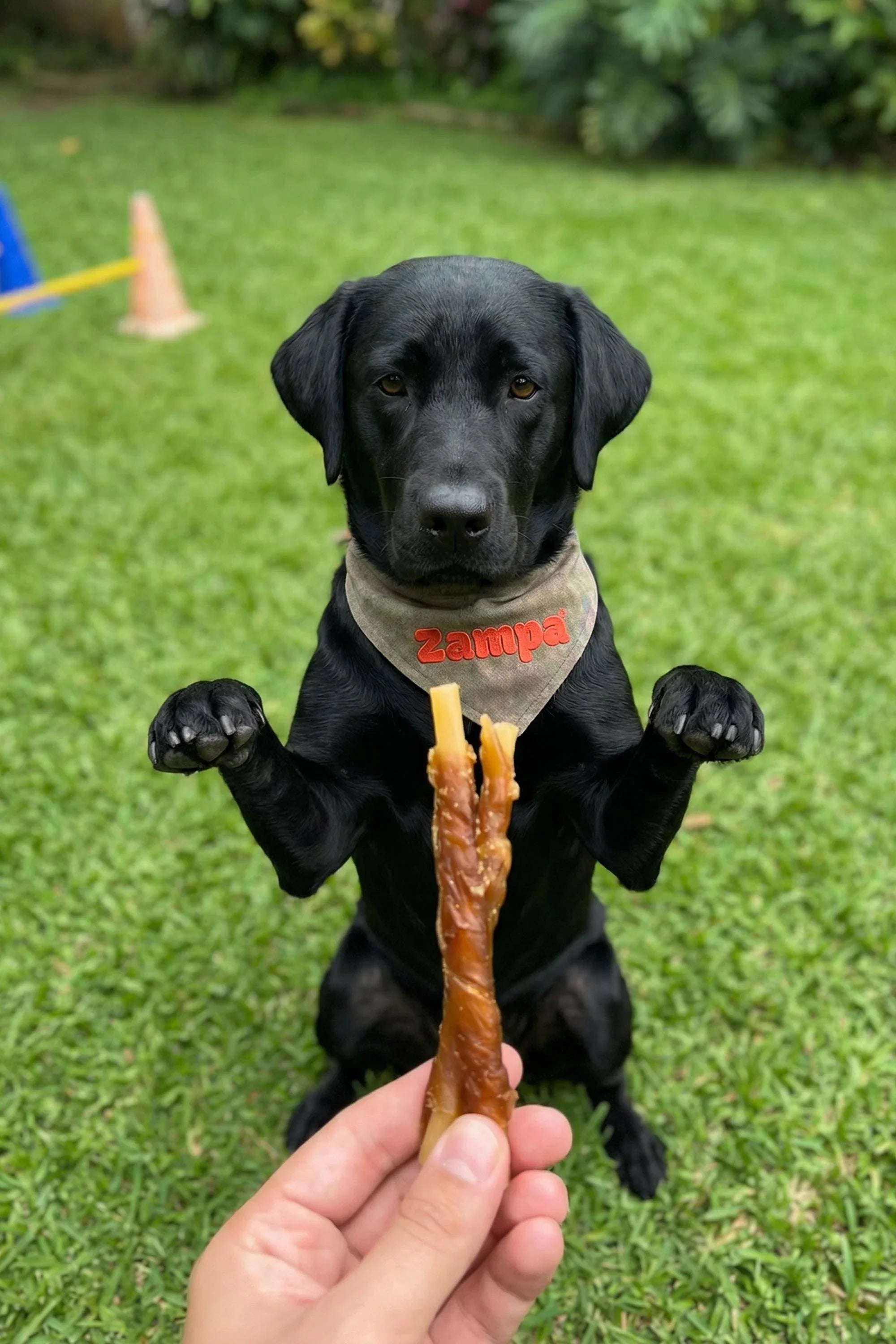 Bahçede oturan siyah köpek tavuklu köpek ödül mamasına bakıyor, egzersiz alanında.