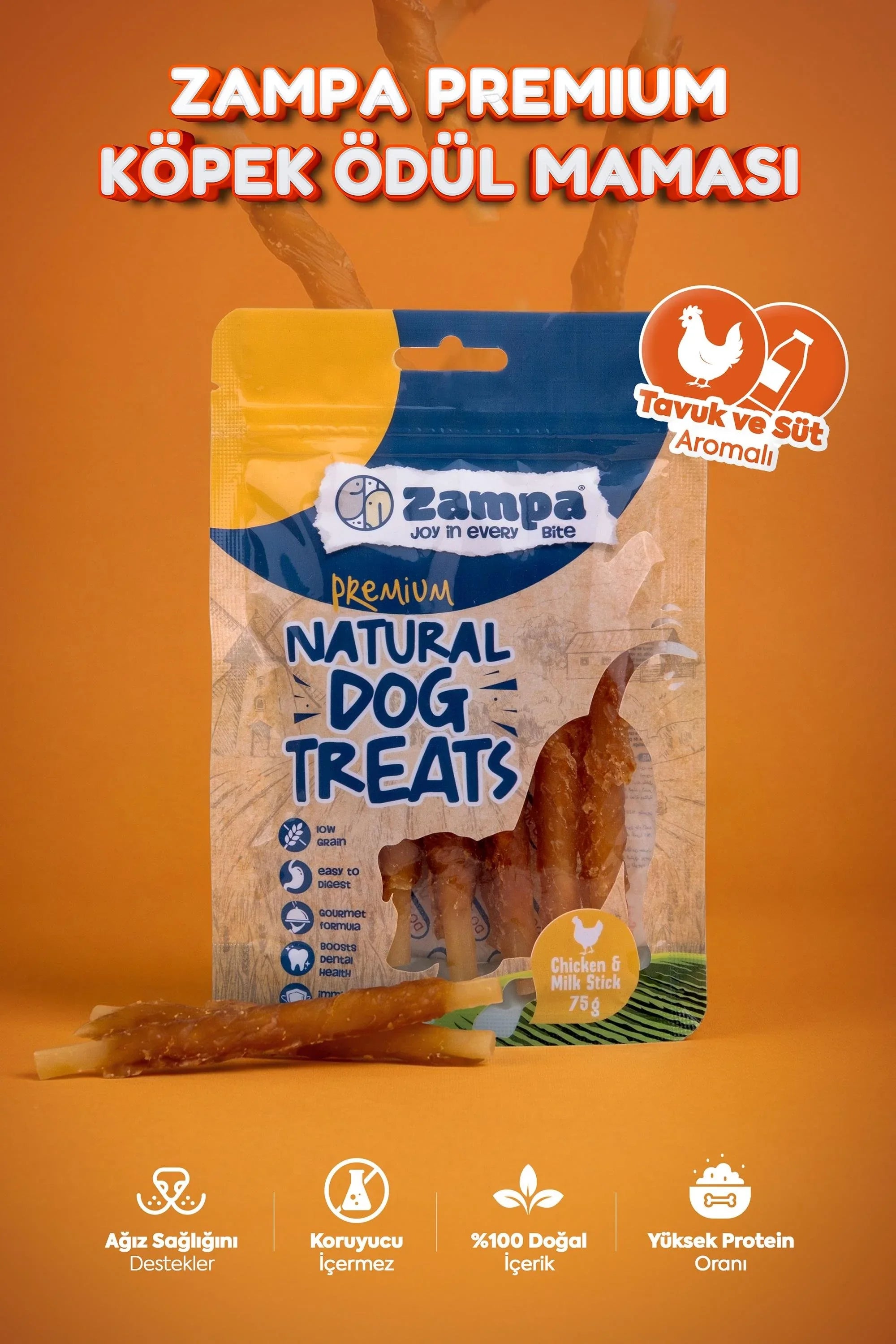 Tavuk ve süt aromalı, doğal, yüksek proteinli köpek ödül maması paketi turuncu fonda.