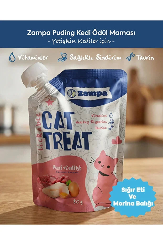 Zampa sığır eti ve morina balıklı kedi ödül maması, vitaminli, yetişkin kediler için.