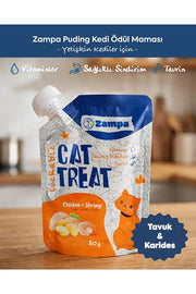 Tavuk ve karidesli, vitaminli Zampa kedi ödül maması poşeti, sağlıklı sindirim vurgulu.