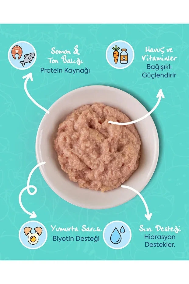 Kasede tavuk ve karidesli kedi ödülü, salmon, ton balığı, havuç, vitamin, yumurta sarısı içerikli mama