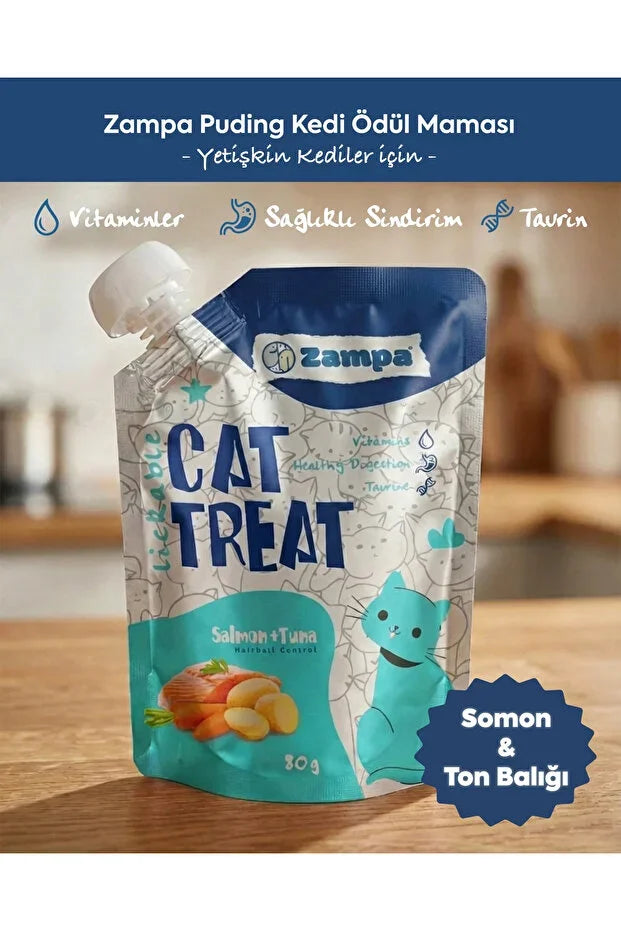 Somon ve ton balıklı, yetişkin kediler için Zampa kedi ödül maması ambalajı