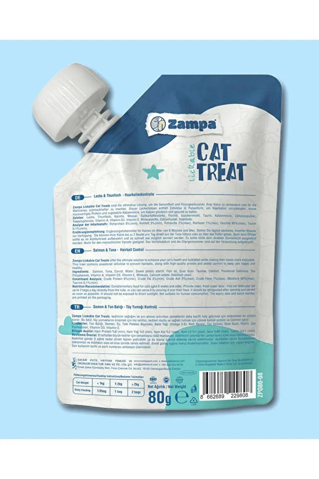 Zampa likit kedi ödülü arka ambalaj, somon ve ton balıklı, tüy yumağı kontrolü, 80g.
