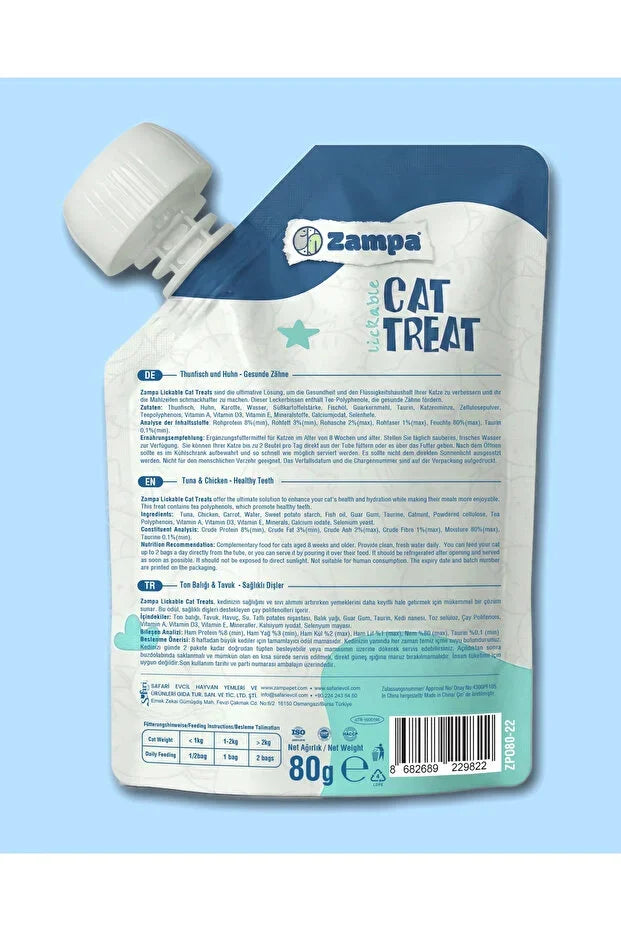 Zampa ton balığı ve tavuk etli kedi ödülü, arkadan görünüm, 80g, mavi-beyaz paket